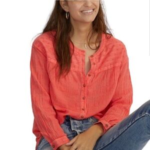 Anthropologie Pilcro Mila Draped Buttondown Top Shirt Coral 100% Cotton Sz Large